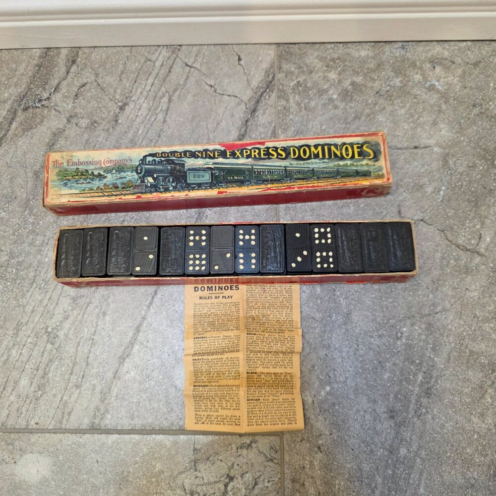 Vtg Early Set The Embossing Co Express Dominoes Embossed Trains Railroad